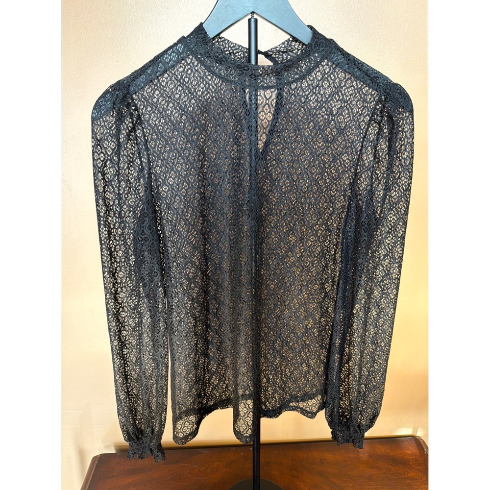 Black Sheer Floral Lace High Neck Blouse Long Sleeve Keyhole Back Top